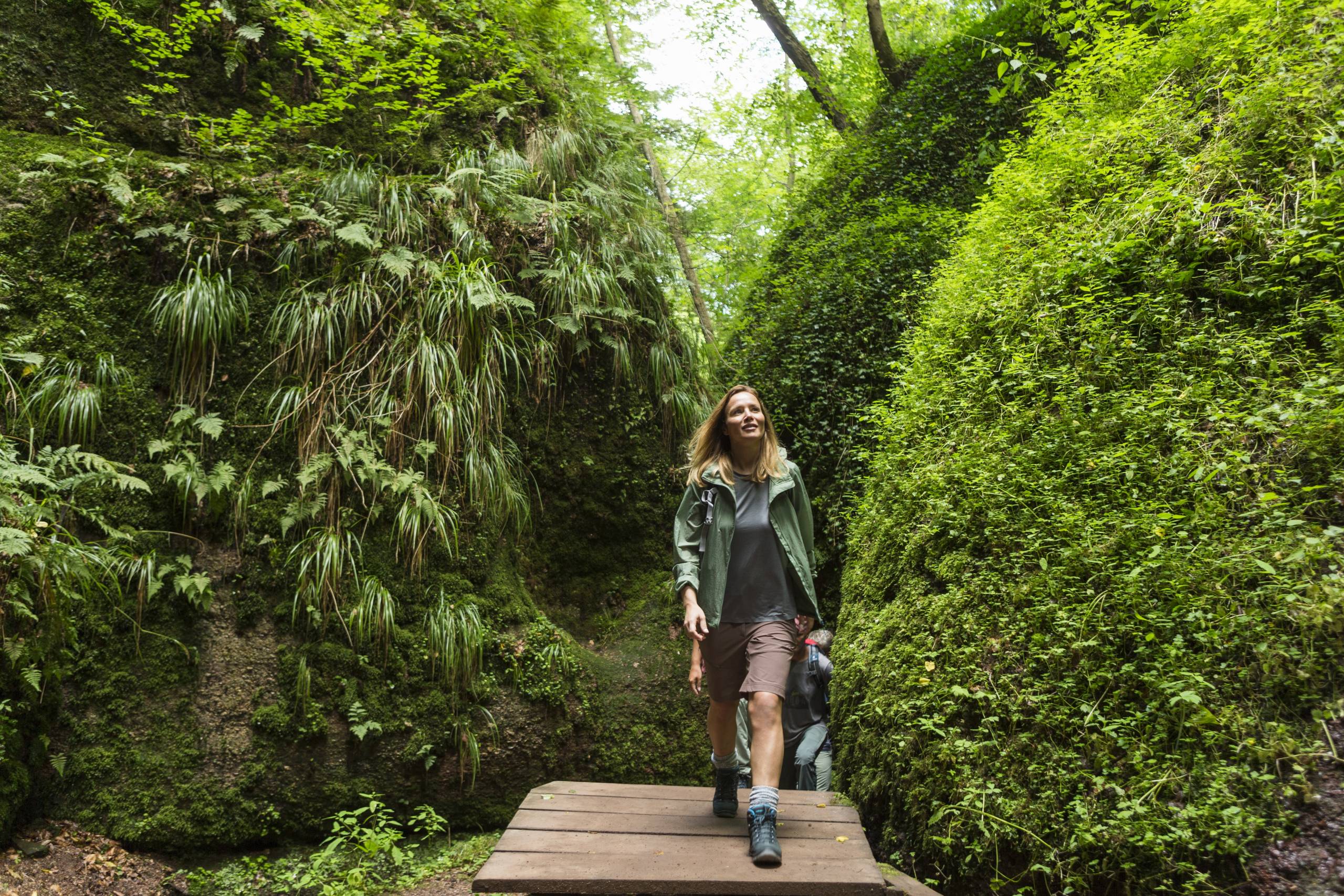 Frau wandert auf einem Holzpfad durch eine enge, moosbewachsene Schlucht mit üppig grünen Wänden