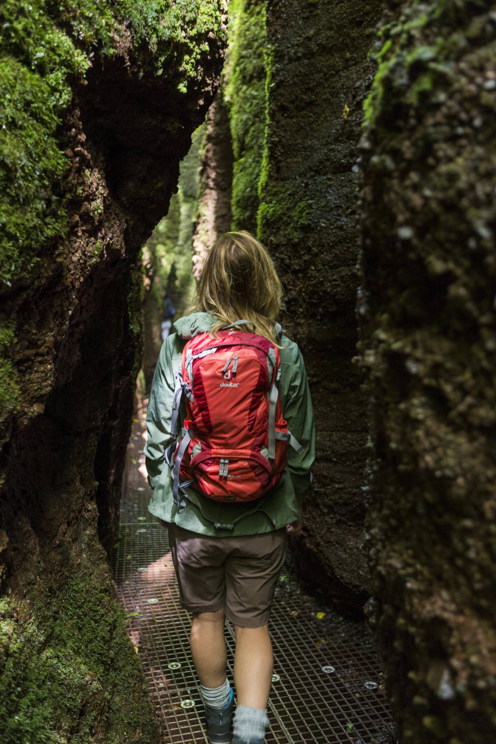 Eine Person mit einem roten Rucksack geht auf einem Metallgitterweg zwischen hohen, moosbewachsenen Felswänden in einer engen Schlucht.